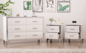English Elm 3-Pieces Modern Dresser and Two Nightstands with Mirrored Trim, Metal Handles, Spacious Storage White 55.71 L x 19.29 W x 10.63 H N733S205355K