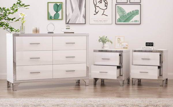English Elm 3-Pieces Modern Dresser and Two Nightstands with Mirrored Trim, Metal Handles, Spacious Storage White 55.71 L x 19.29 W x 10.63 H N733S205355K