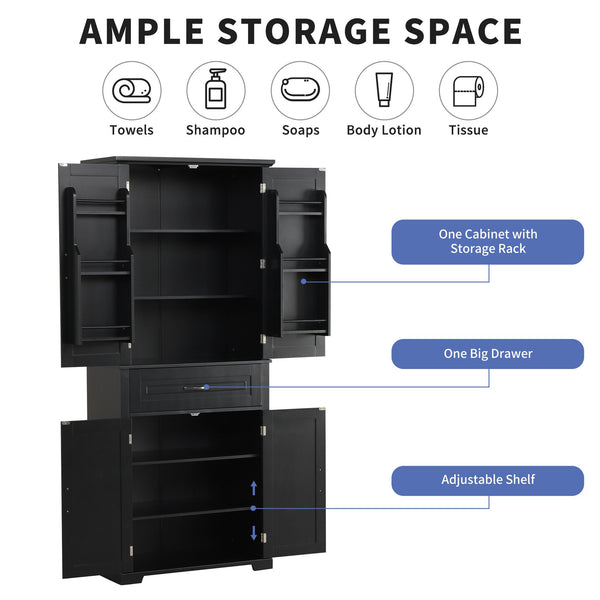 English Elm Bathroom Tall Storage Cabinet with Doors Drawer and Adjustable Shelf, MDF Build, Metal Handles, Anti-Tip Safety Black WF308204AAB