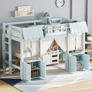 English Elm Twin Loft Bed Cottage-Style Playhouse with Built-In Bookshelf, Curtain & Storage, Safe Guardrails Light Blue W1580S00357