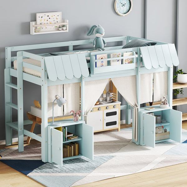 English Elm Twin Loft Bed Cottage-Style Playhouse with Built-In Bookshelf, Curtain & Storage, Safe Guardrails Light Blue W1580S00357