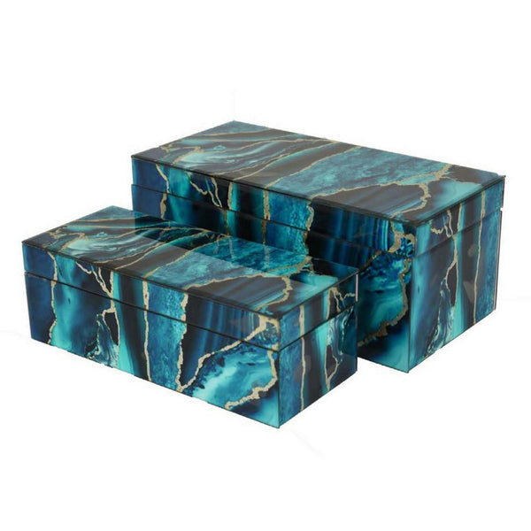 English Elm Jenny Marbled Glass Decorative Box Set Teal Abstract Swirl Vanity Desk Accent B056P416955