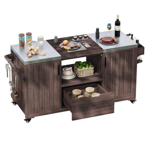 English Elm K&K 66.5" Outdoor Kitchen Island with 1.2" Stainless Steel Top, Ample Storage, Wheels & Bottle Opener Brown N707P250629Z