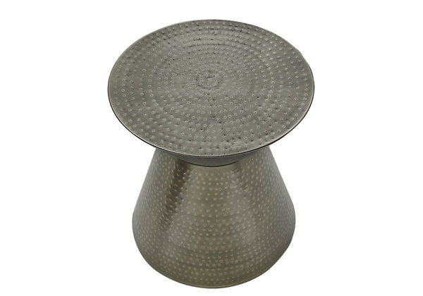 English Elm Accent Drum End Table with Hammered Metal Finish — 22" Handcrafted Cone Shape for Chic Living Spaces Silver 23 L x 23 W x 19 H B2710P219460