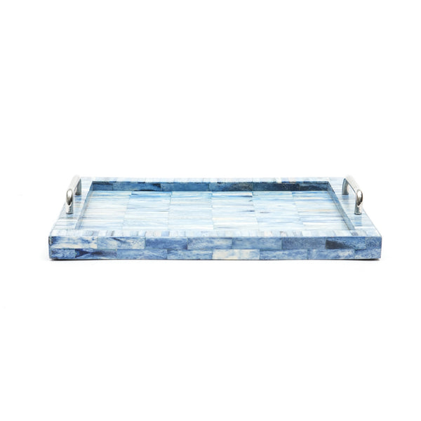 English Elm Khal Handcrafted Mango Wood Serving Tray in Blue with Bone Inlay, 18"x12" Spacious Rustic Accent B346P327295