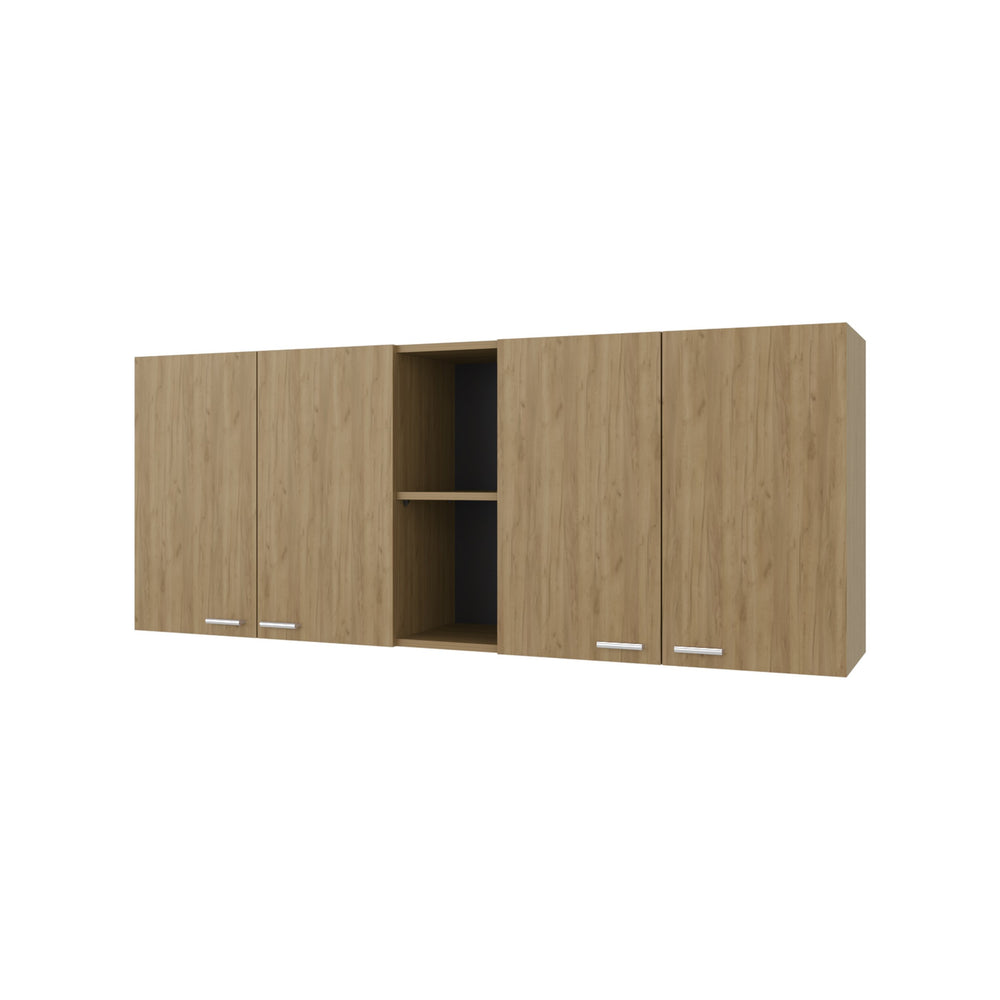 English Elm Luray Wall Cabinet Kitchen Melamine 4-Door with Open Shelf, Natural Oak Finish, Space-Saving Design B128P287518