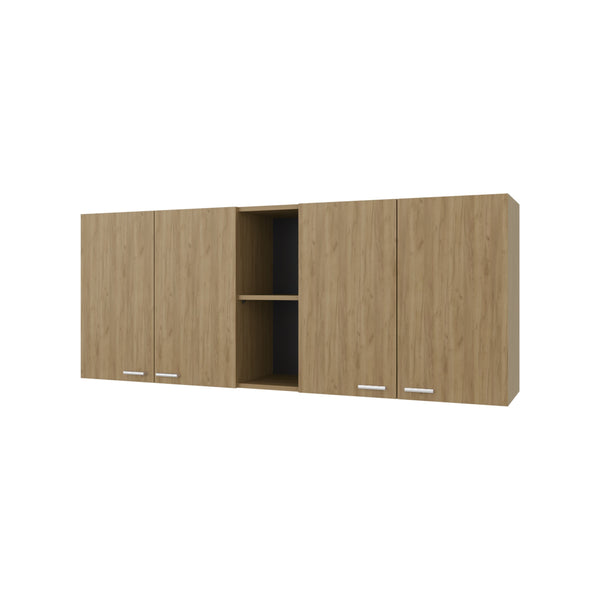 English Elm Luray Wall Cabinet Kitchen Melamine 4-Door with Open Shelf, Natural Oak Finish, Space-Saving Design B128P287518