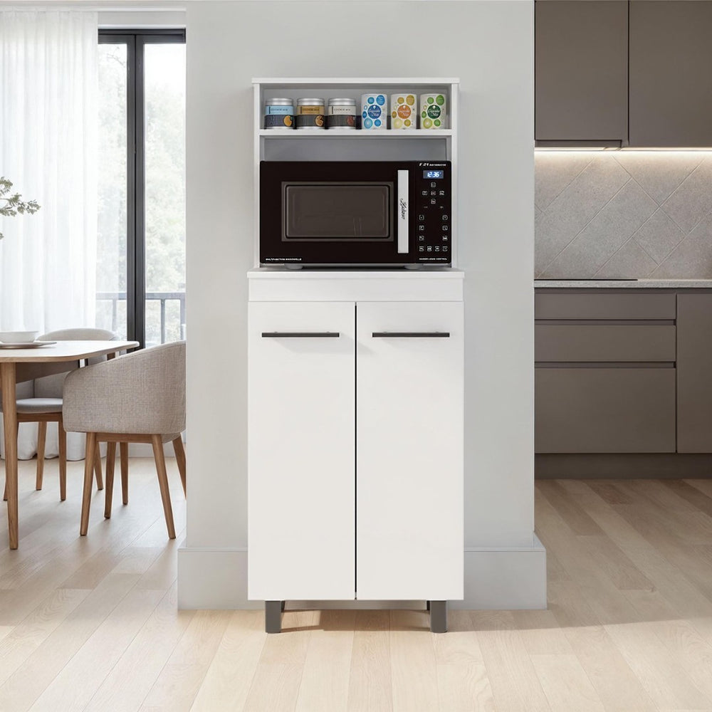 English Elm White Tall Narrow Kitchen Pantry Cabinet with Open Shelves and Concealed Storage Door B062P483751