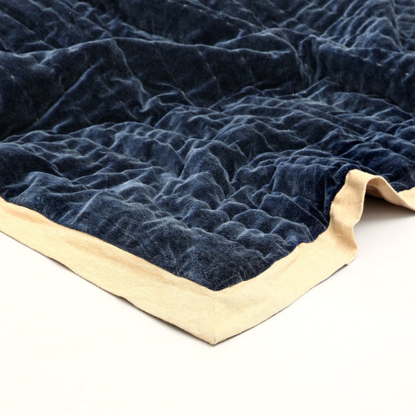English Elm Cotton Velvet Stonewashed Hand-Quilted Bedspread with Flanged Edges, 88"x92" Queen Size Luxury Indigo B346P321259