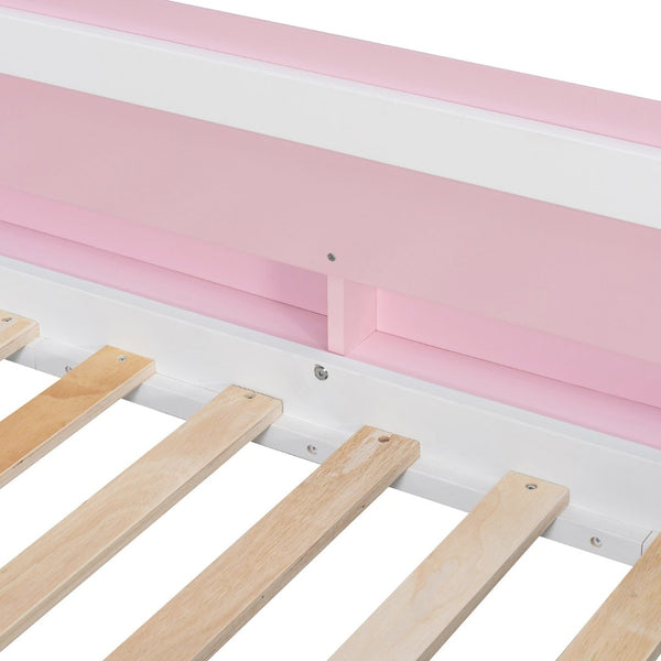 English Elm House-shaped Pine Bunk Bed with Built-in Slide Storage Staircase Twin Over Full Kids Frame White+Pink N820S00082K
