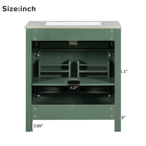 English Elm 30-inch Modern Bathroom Vanity with Ceramic Sink, Gold Accents, Solid Wood Frame, Soft-Close Doors and Ample Storage Green WF324045AAF