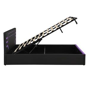 English Elm Modern Cyberpunk Queen Platform Bed Hydraulic Storage Pu Upholstered Gaming Frame Purple+Black SF000205AAI