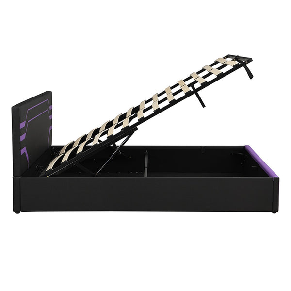 English Elm Modern Cyberpunk Queen Platform Bed Hydraulic Storage Pu Upholstered Gaming Frame Purple+Black SF000205AAI