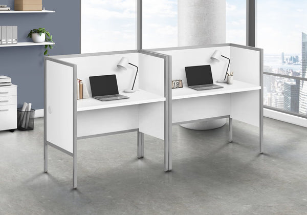 English Elm Office 48" Cubicle Desk White Laminate with Silver Metal Frame, Commercial Grade, Privacy Panel, Cable Management B2710P219923