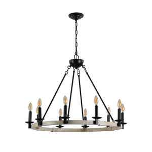 English Elm 32" Rustic Farmhouse 10-Light Chandelier in Matte Black & White Oak, Round Iron Wood Hanging Fixture W1340P221222