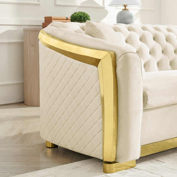 English Elm Luxury Velvet Tufted Chesterfield Loveseat with Gold Steel Trim for Living Room Beige W1191S00116