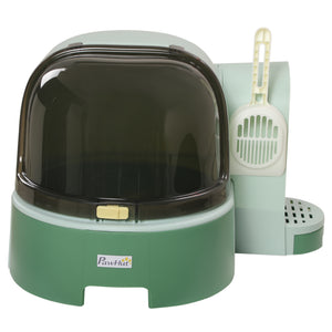 English Elm PawHut Space Capsule Covered Cat Litter Box with Removable Tray, Front Door Access & Odor Control Green W2225P229423