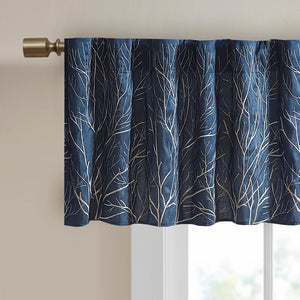 JLA Home Madison Park - Faux Embroidered Tree Branch Window Valance in Lustrous Silk-Look Fabric with Lined Privacy Drapery Navy MP41-4572