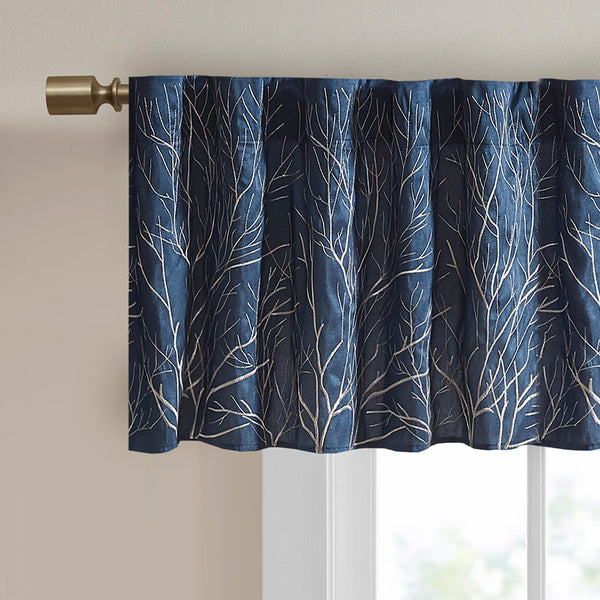 JLA Home Madison Park - Faux Embroidered Tree Branch Window Valance in Lustrous Silk-Look Fabric with Lined Privacy Drapery Navy MP41-4572