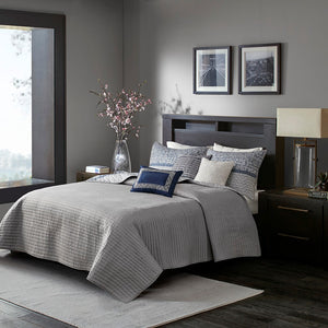 English Elm 6 Piece Rhapsody Reversible Jacquard Quilt Set Navy & Grey Full/Queen with 3 Decorative Pillows, Machine Washable B03597589