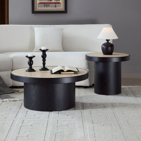 English Elm Coffee Table Nesting Set Round Mdf Pair Walnut Finish for Modern Living Rooms W876S00335