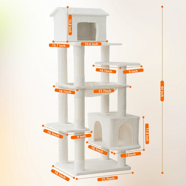 English Elm Beige Plush Multi-cat Tower with Sisal Posts Hammock and Enclosed Hideaway 64in Beige W243P326764