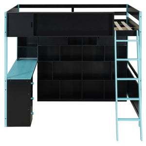 English Elm Full Size Gaming Loft Bed with Led Lighting Desk Drawers and Display Shelving Blue LT000263AAC
