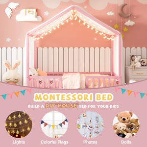 English Elm Montessori House Bed Frame Twin with Canopy & Full Guardrails, Cozy Kids Platform Bed for Toddlers Pink 77.8 L x 17.25 W x 7 H N733P356048H