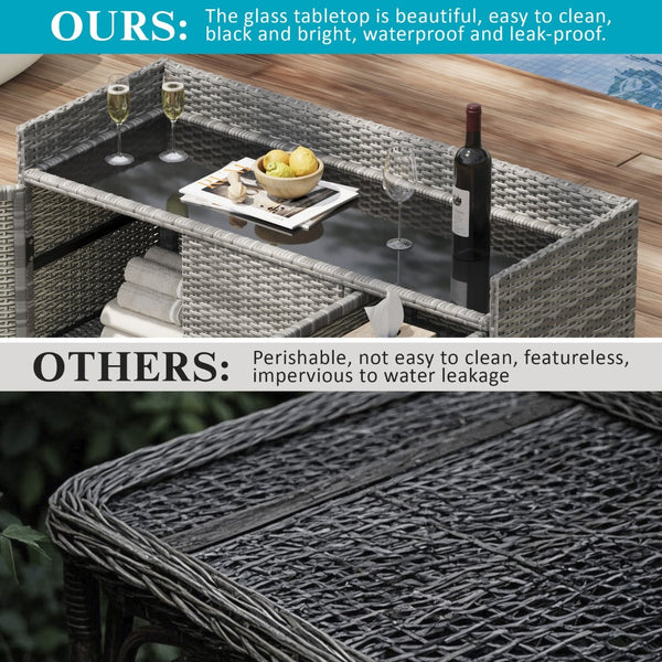 English Elm K&k Outdoor Wicker Bar Cabinet with Tempered Glass Top Adjustable Shelving and Drawer Grey N707P233745G