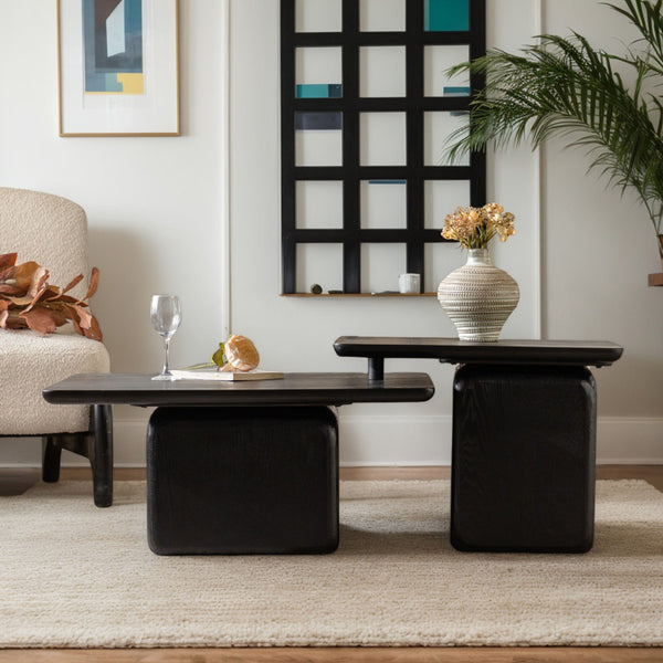 English Elm Vintage Retro Square Coffee Table Set with Wood Grain MDF Veneer & Fir Frame, Sturdy 110lb Capacity, Stylish Living Room Accent (Set of 2) Black W757P235685