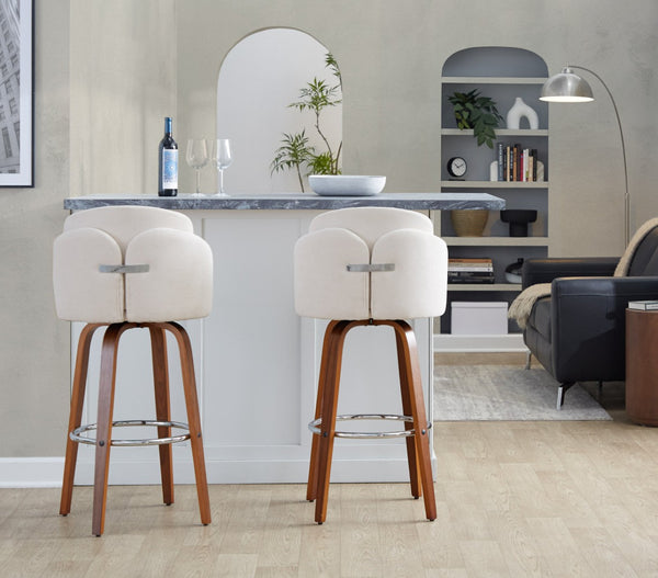 English Elm Fixed-height Swivel Barstools Velvet Seat Walnut Legs Chrome Footrest Set 2 B202S01899