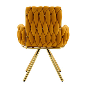 English Elm Set of 2 Velvet Upholstered Dining Chairs Braided Rope Back Glam Metal Legs Gold,Yellow W3875P383935
