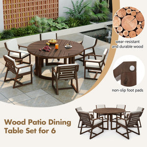 English Elm Trexm Outdoor Acacia Wood Round Dining Set Seats Six with Cushioned Chairs and Umbrella Hole Mocha TM000027AAP