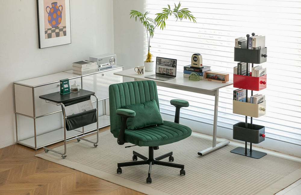 English Elm Green Linen Velvet Criss Cross Office Chair with Wheels, Adjustable Height, Pillow & Ergonomic Design W3394P336176