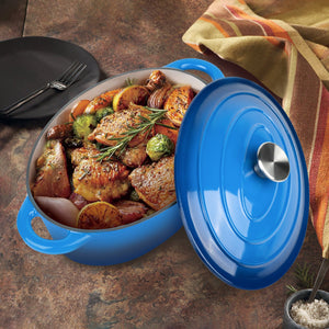 English Elm The oval dutch oven 11.4" 3.5L Blue Enamel Cast Iron, Nonstick Easy-Clean, Even Heat & Moisture Locking T3950P391586
