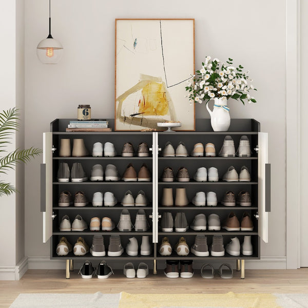 English Elm Sideboard,shoe Cabinet Four Door Entryway Organizer with Adjustable Shelves Modern Black W1321S00042