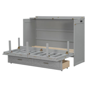 English Elm Queen Murphy Wall Bed Cabinet with Storage Drawer Built-in Power Outlets Usb Ports Gray LP000400AAE-1