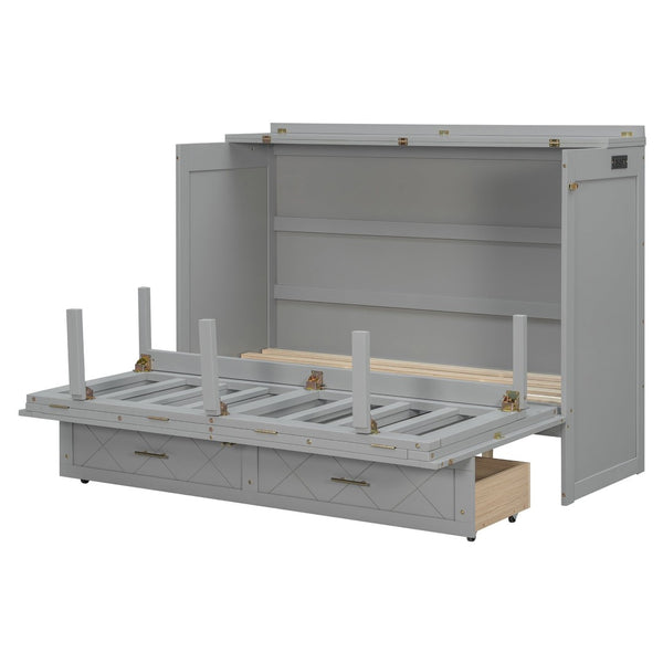 English Elm Queen Murphy Wall Bed Cabinet with Storage Drawer Built-in Power Outlets Usb Ports Gray LP000400AAE-1