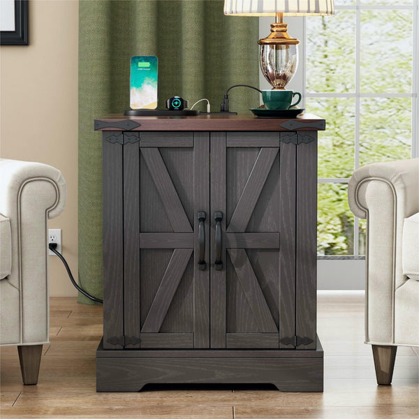 English Elm ON-TREND Farmhouse End Table with Built-In Charging Station, Rustic Walnut Top, Adjustable Shelf Grey N721P246478E
