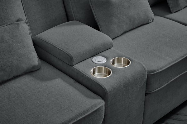 English Elm 114" Modern Upholstered Sofa with Console, Built-In USB & Cupholders, Durable Linen Fabric Comfort Dark Gray W2353S00004