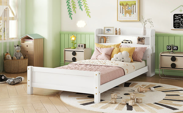 English Elm Twin Pine Wood Bed with Bookcase Headboard LED Motion Sensor Light Guardrails Ample Storage Space White W504P277596