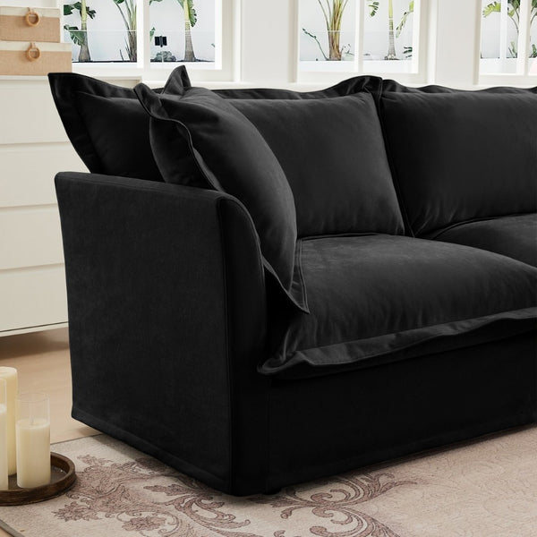 English Elm Streamlined Velvet Modular L-shape Sectional Sofa with Cloud Foam and French Piping Black W3041S00117