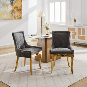 English Elm Chenille Plush Dining Chair with Curved Gold-Plated Legs, Rivet Trim, Textured Upholstery Comfort Gray W1143P332686