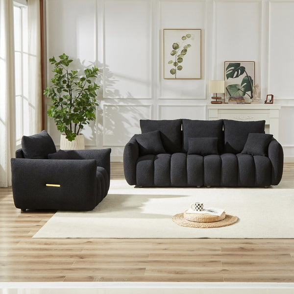 English Elm 3 Plus 1 Seater Teddy Fleece Sofa Set Wooden Frame Foam Spring Living Room Pair Black W1193S00188