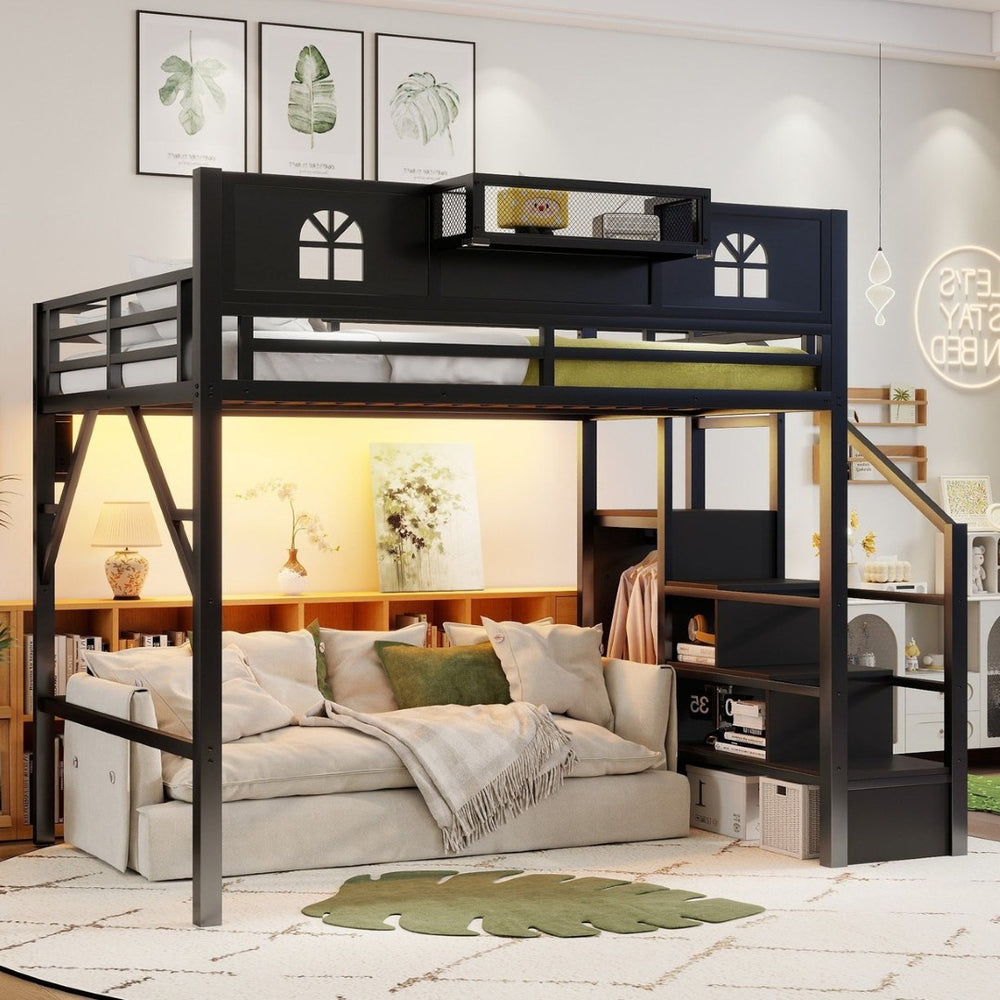 English Elm Full Size Steel Loft Bed with Staircase Storage Wardrobe Desk and Led Lighting Black W2593S00055