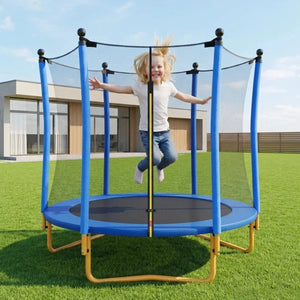 English Elm [without Basketball Hoop] 5.5 Ft Kids Trampoline with Safety Net and Foam Padded Poles Blue N739P443065C