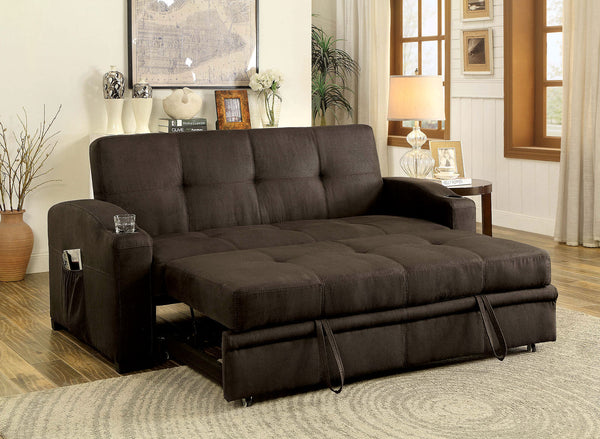 English Elm Transitional Futon Sofa with Pull-Out Trundle, Button Tufted Brown Upholstery, Cup Holders & Pockets B2741S00486