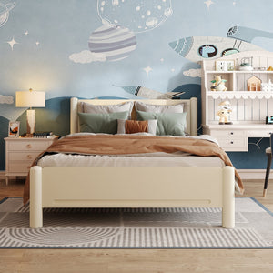 English Elm Queen Platform Bed Frame - Solid Rubberwood Construction, 10 Slats Support, No Box Spring Needed, Stylish Headboard and Under-Bed Storage Space Beige+Natural 63.39 L x 18.7 W x 4.53 H W1716S00023
