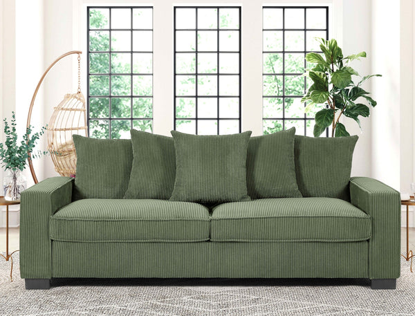 English Elm Luxe Corduroy Sofa with 5 Toss Pillows, Deep-Seat 3-Seater Couch, Sleek Modern Design, 88" Wide Dark Green B2735P256725