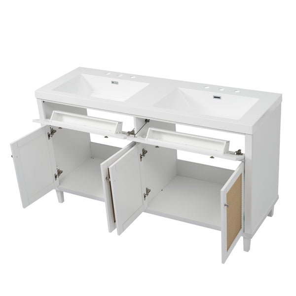 English Elm Christopher Knight Home® - 60 Inch Bathroom Vanity with Double Sinks SMC, Rattan Doors, Soft-Close Drawers, Stable Pine Legs White N817P296140W